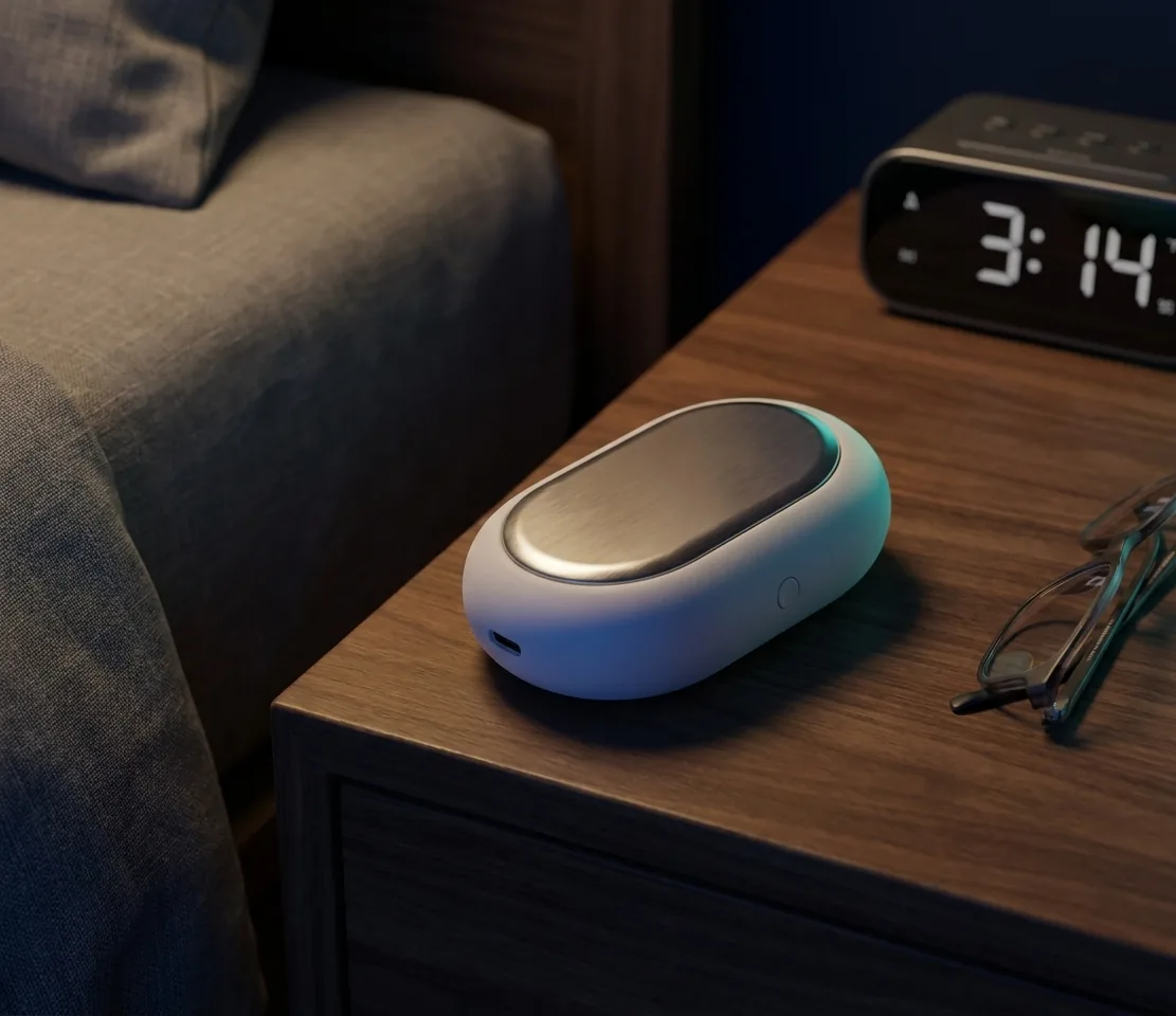 The cooler on a nightstand beside a bed at night